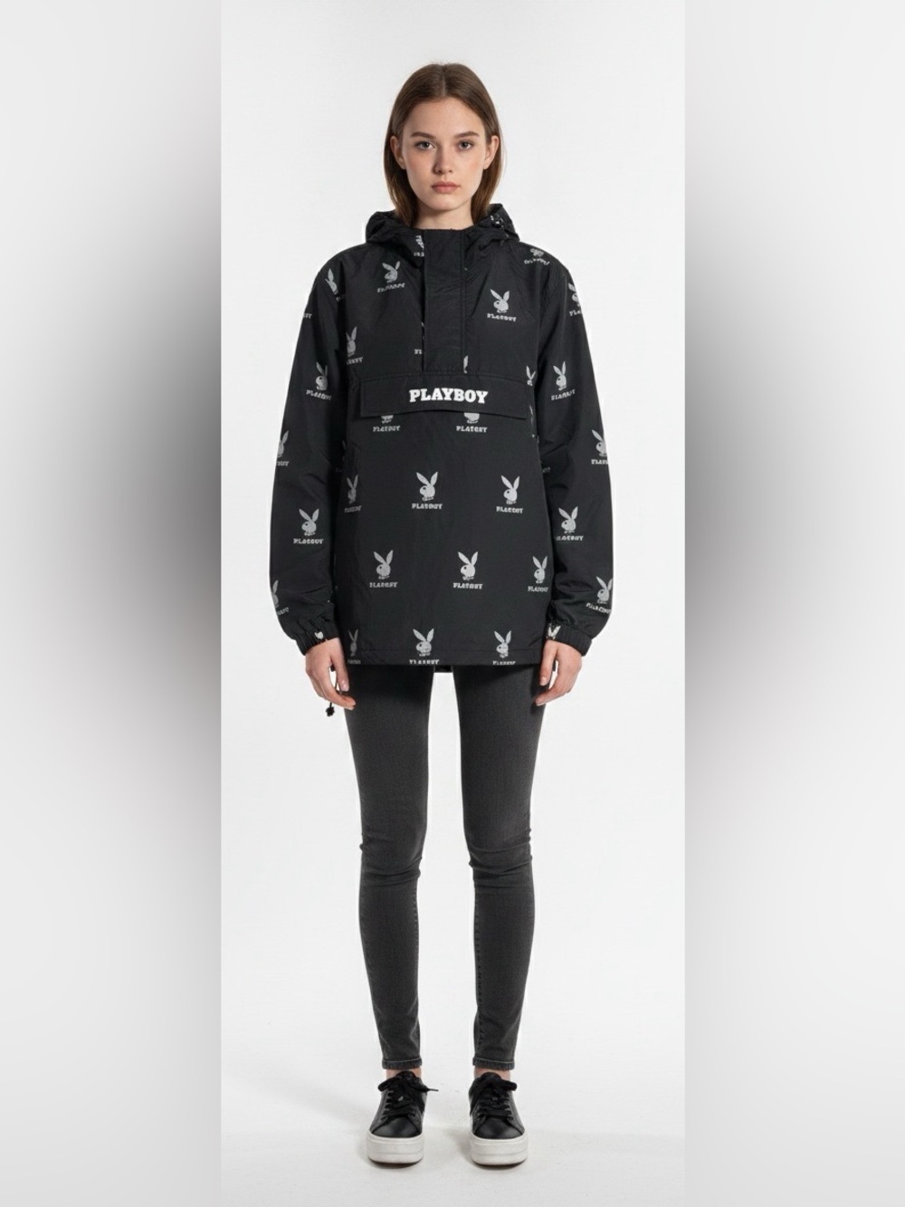 PLAYBOY Black Pullover Anorak with White Bunny Print